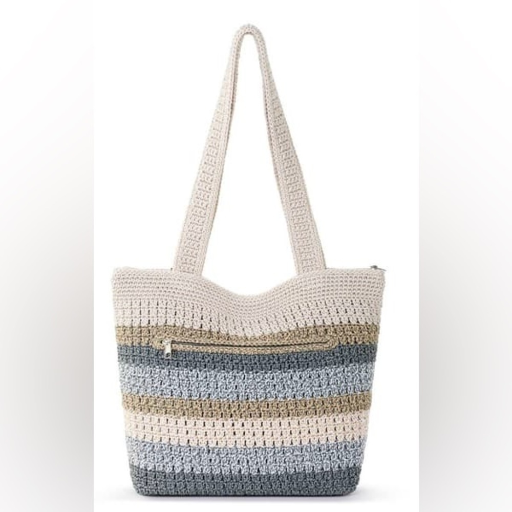 The Sak Crochet Stripe Shoulder Tote in Tans and Grays